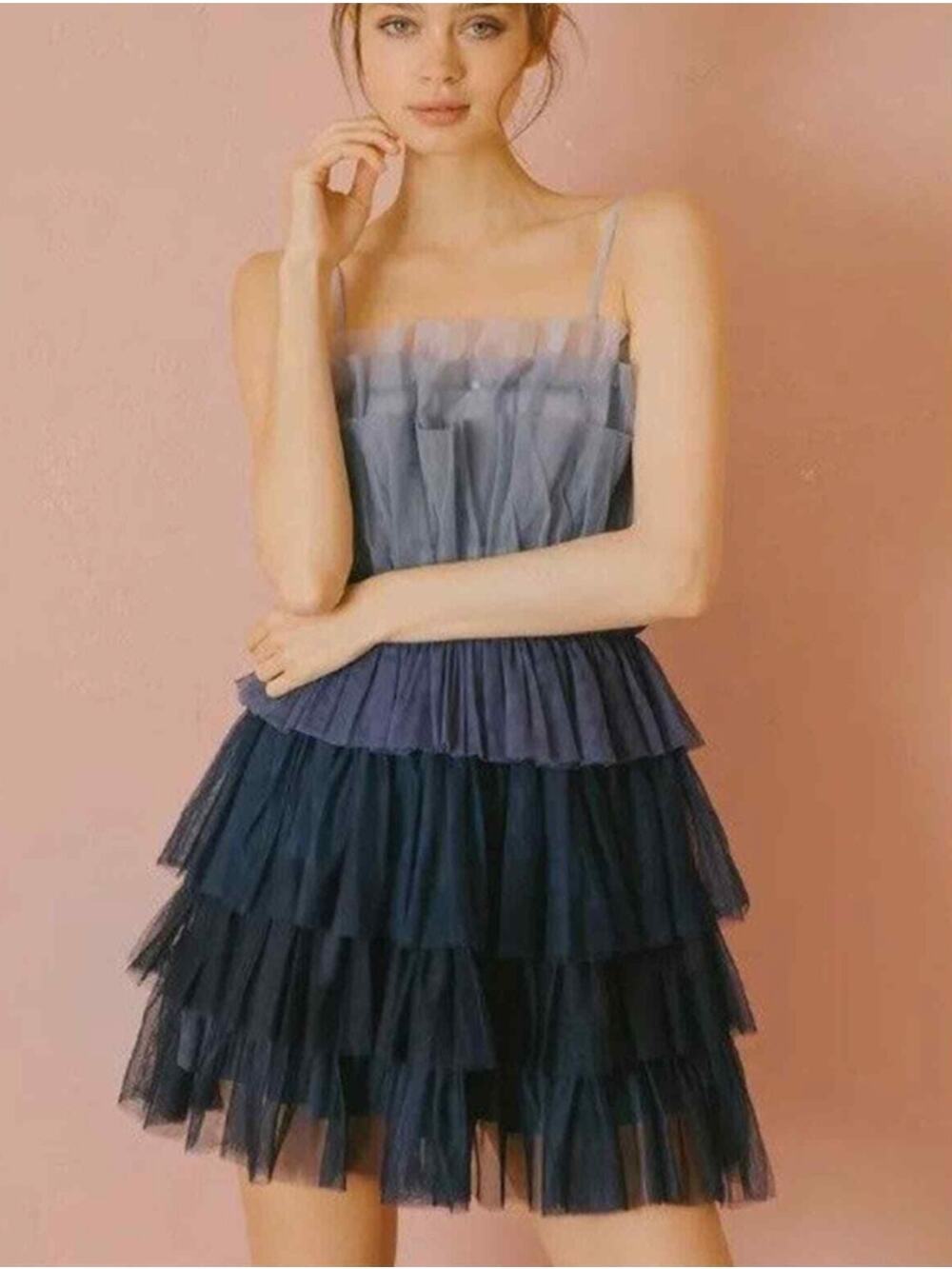 Storia Small Blue Ombre Tiered Tulle Ruffle Party Cocktail Dress Colorblock